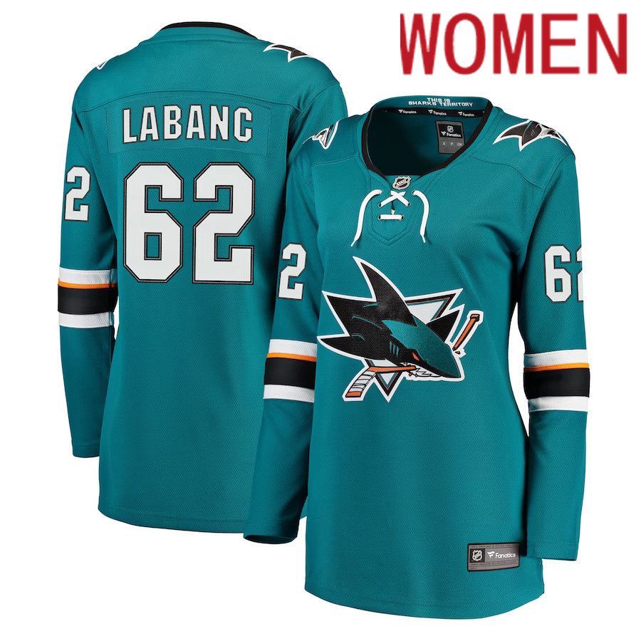Women San Jose Sharks 62 Kevin Labanc Fanatics Branded Teal Breakaway NHL Jersey